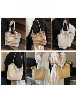 Fashion straw tote bag shown in multiple angles with cotton rope handles and striped patterns