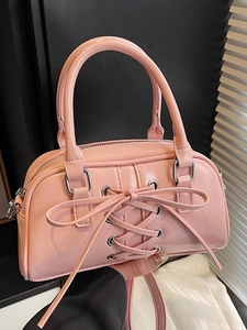 Women's Korean Fashion PU Leather Crossbody Bag Sweet Lace-up Bow Small Square Handbag Retro Versatile Shoulder Bag Satchel