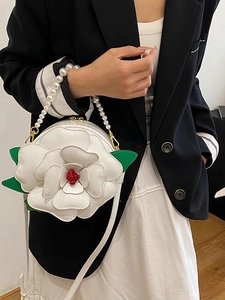 Creative 3D white camellia shaped handbag with pearl handle and leather shoulder strap