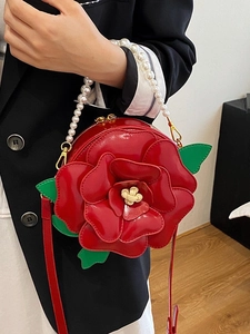 3D red rose shaped shoulder bag with pearl handle and green leaves for women