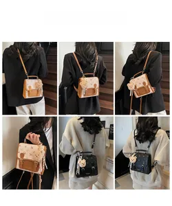 Model lifestyle shots of the vintage printed mini backpack in beige and black versions