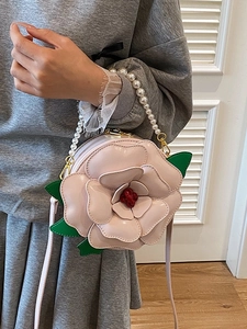 Sweet 3D camellia pink leather handbag with pearl chain handle and crossbody strap