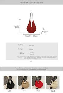 Detailed size specifications and material chart for large woven PU leather tote bags