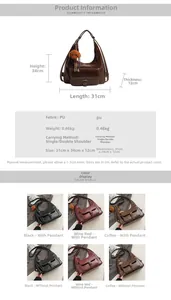Size guide for PU leather shoulder bag showing 31x34x12 cm dimensions and specs