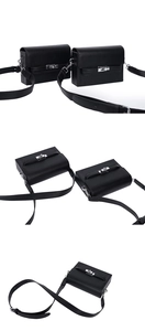 Three-view montage of black leather handbag with silver lock and adjustable strap