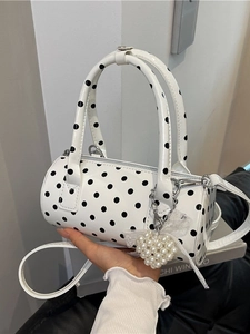 Vintage Polka Dot Barrel Bag For Women Patent PU Leather Handbag With Heart Artificial Pearl Lace Pendant Crossbody Shoulder Bag