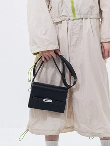 Classic black matte leather Kelly style shoulder bag with silver turn-lock buckle