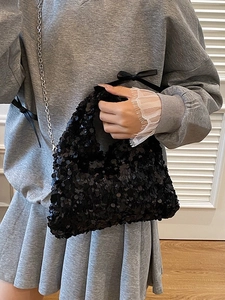 Chic black sequin handbag with elegant metal chain strap for women, stylish crossbody bag