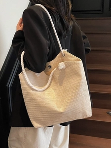 Grand sac cabas tressé pour femme, sac de plage en paille avec poignées en corde blanche