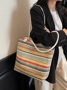 Sac fourre-tout tissé à rayures arc-en-ciel avec anses en corde pour la plage