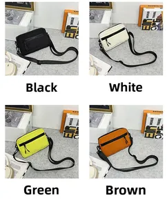 Detailed comparison of nylon crossbody bags in black, white, neon green, and brown colors