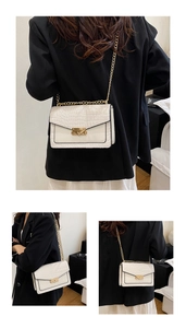Detail view of a cream crocodile pattern crossbody bag with gold chain and clasp