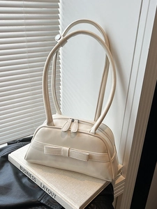 Fashion Women Bowtie Shoulder Bag PU Leather Vintage Bowling Bag Style Double Handle Crossbody Handbag Minimalist Commuter Bag