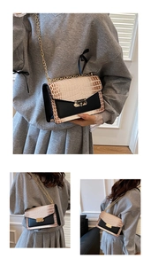 Detailed view of women's crocodile pattern crossbody bag with gold chain strap
