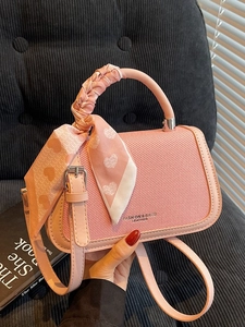 Pink patchwork small square handbag with heart silk scarf and crossbody strap