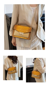 Detailed views of yellow crocodile pattern chain bag shown on beige outfit
