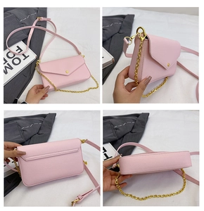 Four-angle view of pink pebbled leather crossbody bag with chain strap and gold hardware