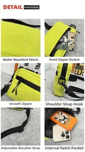 Detail display of water-repellent nylon crossbody bag with pockets and adjustable strap