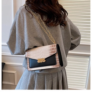 Close-up of small vintage crossbody bag with crocodile texture and gold chain
