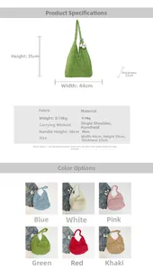 Detailed size chart and multi-color options for large woven cotton hollow beach tote bag