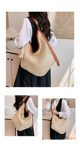 Détails du sac cabas en paille crochetée beige avec lanières en cuir brun et gland