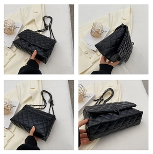 Detailed four-way view of a black quilted leather chain bag with dark metal strap