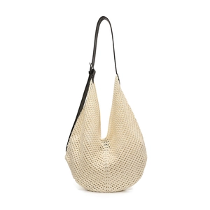 Large off-white woven hobo shoulder bag with adjustable brown strap for women