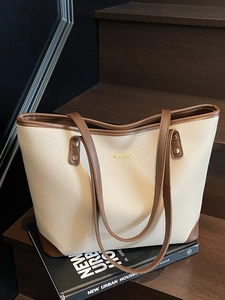 Borsa Tote da Donna in Pelle PU di Grande Capacità Moda Colore a Contrasto Motivo Litchi Borsa a Spalla per Pendolare Elegante Minimalista