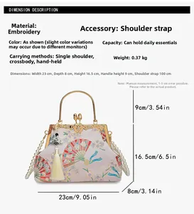 Detail of Chinese style embroidery bag with pearl handle, floral patterns and tassel charm