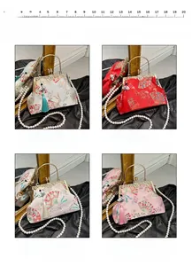 Detail view of oriental shell bag in four colors with 20cm scale and pearl chain strap