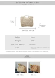 Detail view of woven straw tote bag measurements and specifications for beach vacation