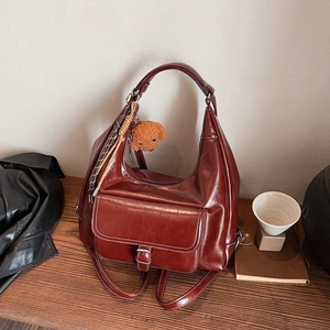 Vintage Oil Wax PU Leather Shoulder Bag For Women Trendy Solid Color Hobo Bag High Gloss Tote With Front Flap Pocket Large Capacity Crossbody Bag For School Commute