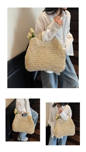 Vue détaillée du sac en paille beige naturel avec poignées rondes en bois et décor de tulipe
