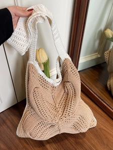 Große Baumwoll-Stricktasche mit Blattmuster für Sommerurlaub am Strand und Alltag
