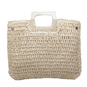 Sac à main minimaliste en paille tissée avec poignée carrée en bois et doublure