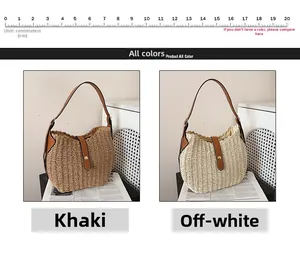 Vue détaillée de sacs hobo en paille tressée kaki et blanc cassé avec bandoulière