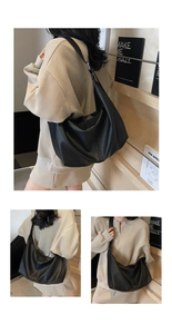 Détails du sac hobo en cuir grainé noir montrant sa grande capacité et son design souple