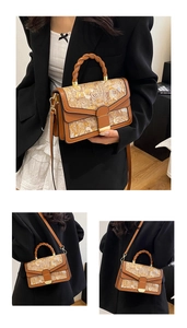 Detailed views of vintage floral embroidery pattern and woven handle on brown bag