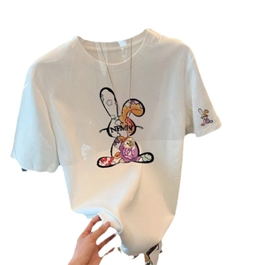 White cotton t-shirt for women featuring a floral rabbit graphic and round neckline
