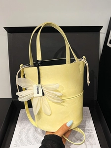 Women Fashion Bucket Bag PU Leather Drawstring Crossbody Bag With Flower Charm Korean Style Casual Commuter Shoulder Bag