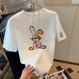 Women Casual Cotton T-Shirt Rabbit Cartoon Print Short Sleeve Round Neck Loose Versatile Summer Fashion White Black Commuter Top