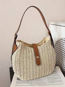 Sac Sous le Bras en Paille Tissé à la Main Pour Femmes Sac Seau Vintage Avec Bandoulière en Cuir Réglable Plage D'été