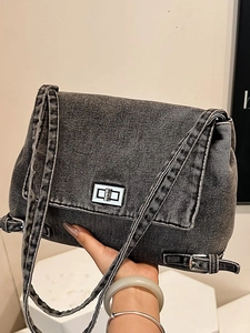 Sac Cabas en Denim Lavé Rétro pour Femmes Grande Capacité Sac à Bandoulière Décontracté Avec Boucle en Métal Sac Navette Polyvalent