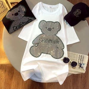 Women Plus Size Cotton T-Shirt Loose Mid-Length Heat-Set Rhinestone Bear Graphic Tee Summer Casual Round Neck Top