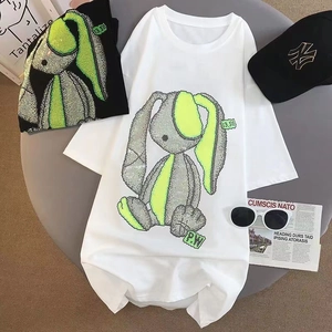 T-Shirt Décontracté en Coton pour Femmes Graphique Lapin Strass Manches Courtes Col Rond Été Ample