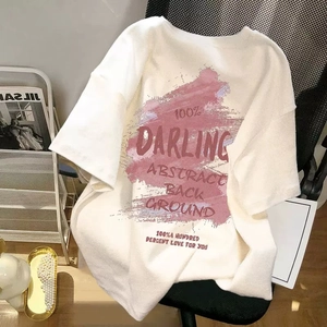 Women's Retro Cotton T-Shirt Casual Loose Oversized Short Sleeve Top Darling Letter Print Graphic Tee White Streetwear