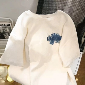 White oversized cotton t-shirt with blue Darling graffiti print and casual crew neck