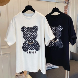 T-Shirt Décontracté en Coton pour Femme Motif Ours Avec Imprimé Chaîne en Métal Manches Courtes Col Rond Confortable
