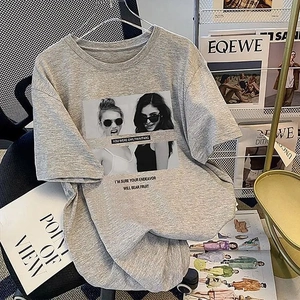 Women Vintage Portrait Printed Cotton T-Shirt Casual Loose Short Sleeve Top Fashion Hip Hop Round Neck Graphic Tees