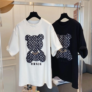 T-shirts oversize en coton blanc et noir avec broderie ours à carreaux et chaîne en métal